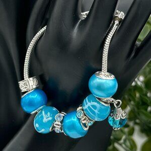 Pandora Style Sky Blue Charm Bracelet in Silver with Crystal Dangle, NWOT